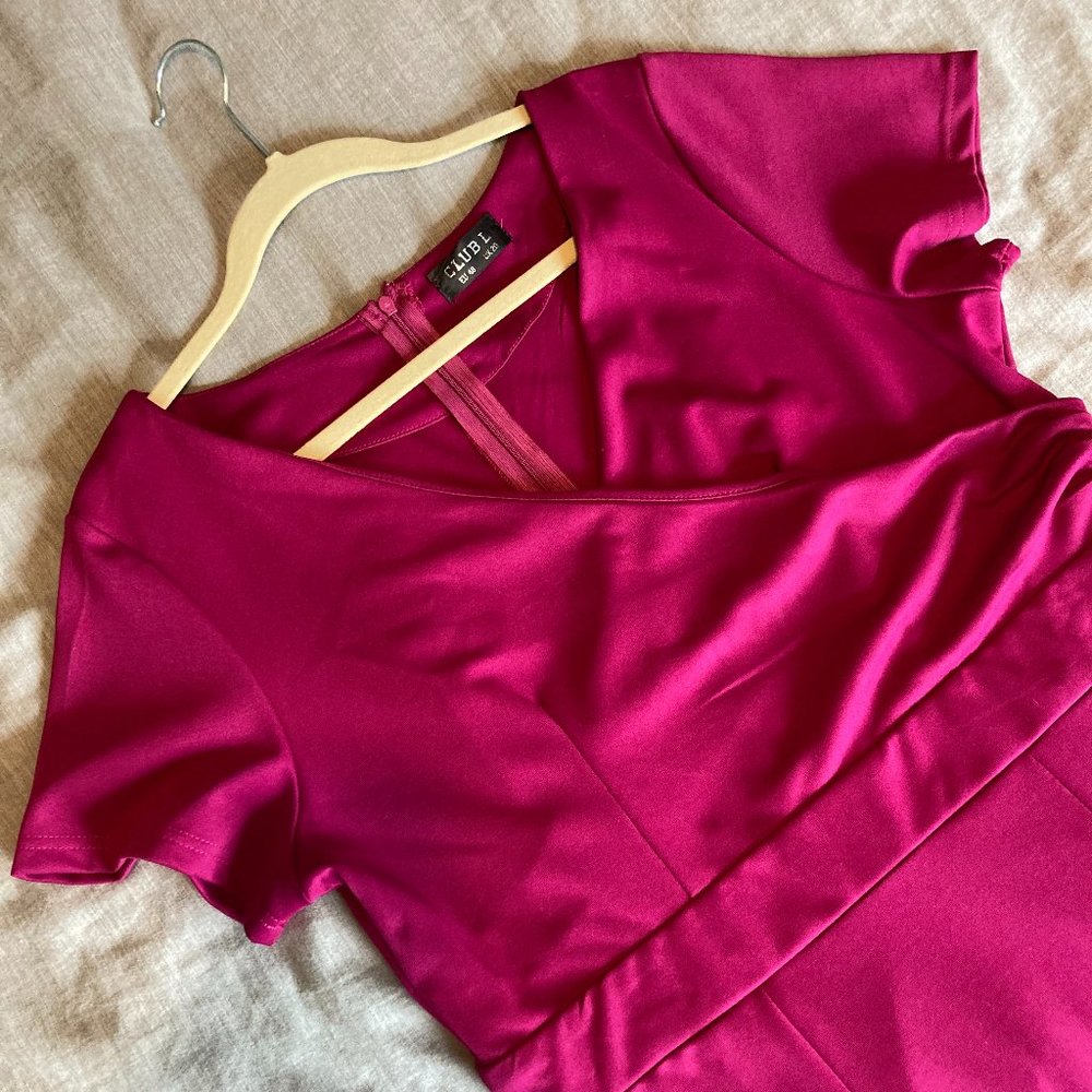 Bright Pink Short-Sleeved Sheath With Faux Surplice Bodice
